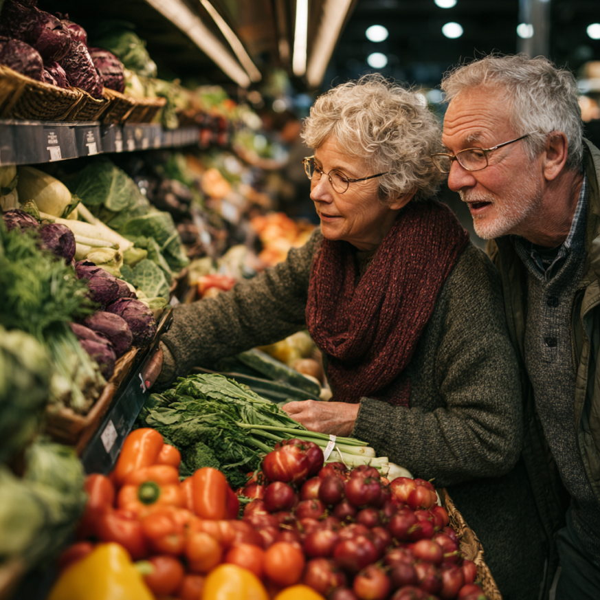 Senior felice che prepara un pasto salutare in cucina
